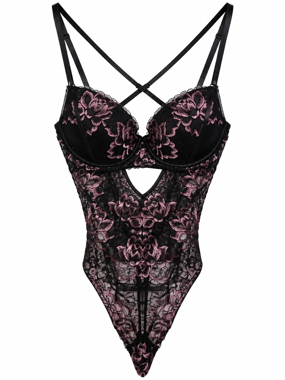 La Vie En Rose Black Lace Bodysuit with Purple Floral Embroidery